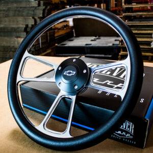 14" Billet Muscle Steering Wheel with Black Vinyl Wrap and Chevy Horn - 5 Hole-safetyairbag.com